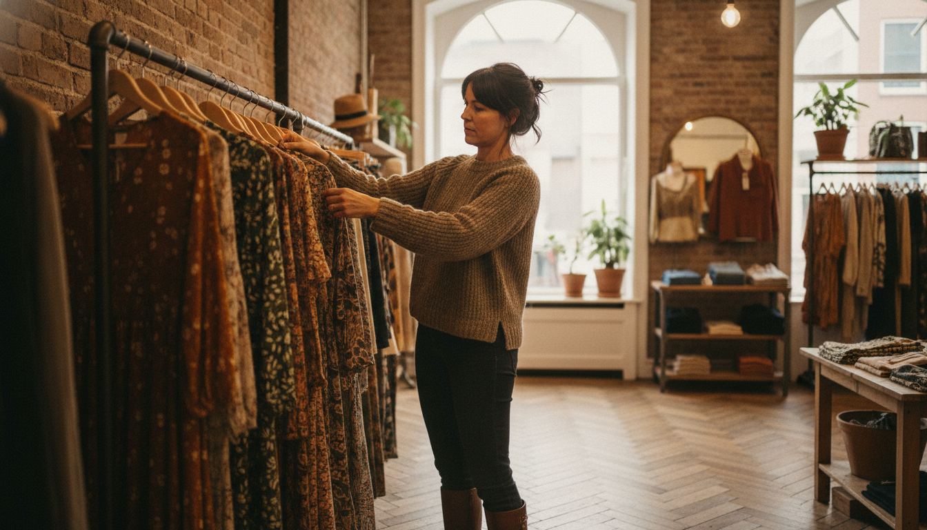 A boutique clothing store owner arranging a new collection in her independent shop