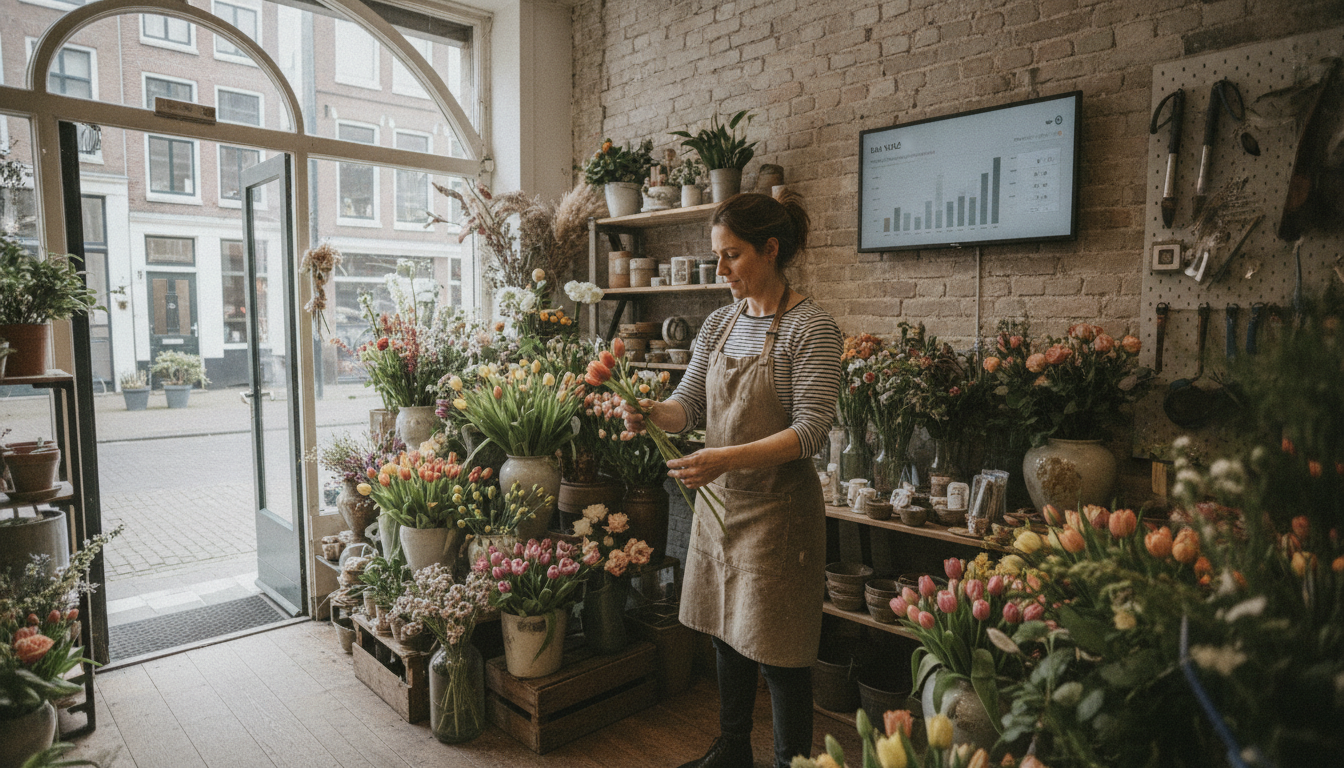 Florist reviewing sales dashboard in her boutique