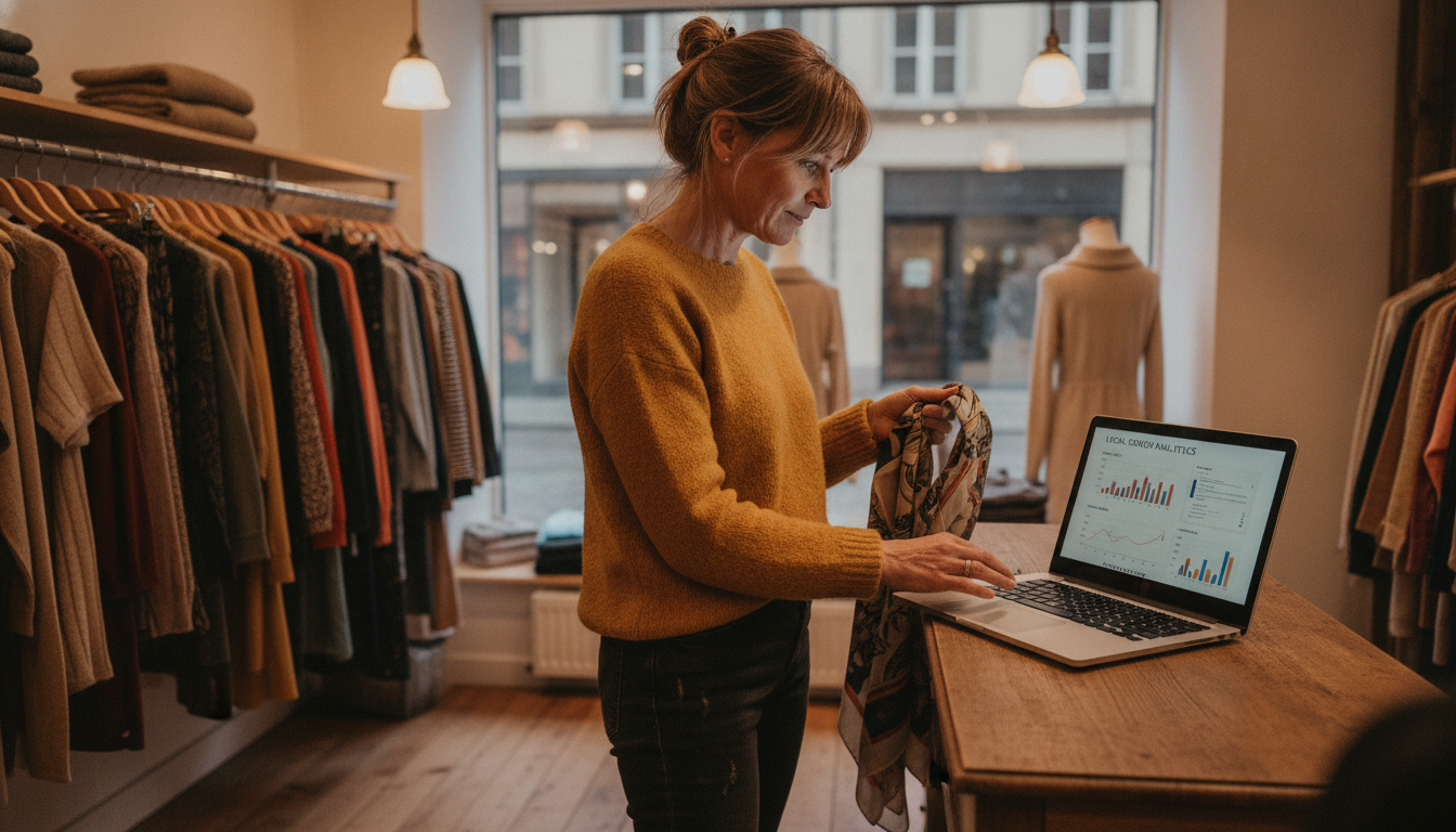 A boutique retail owner reviewing her local search performance data while managing her shop floor