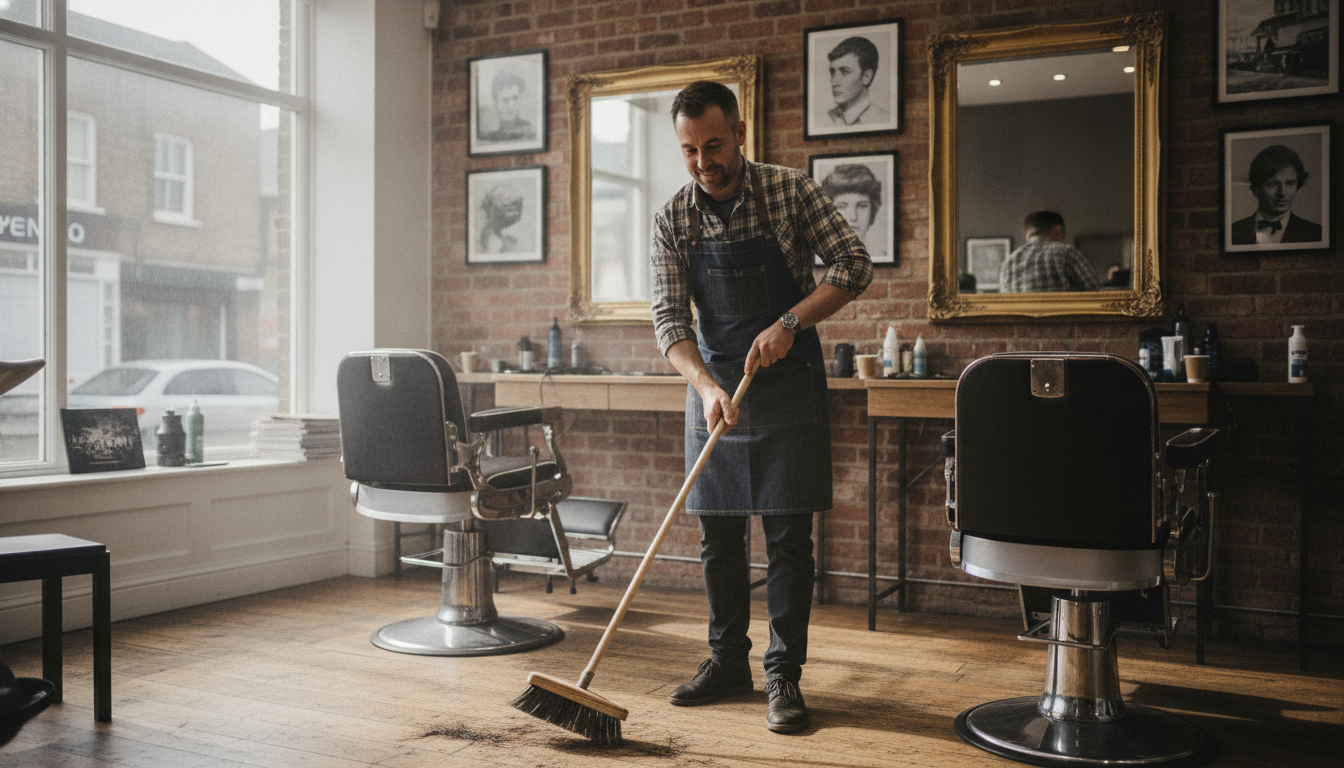 Independent barbershop owner in Bristol sweeping up between appointments, mid-morning natural light