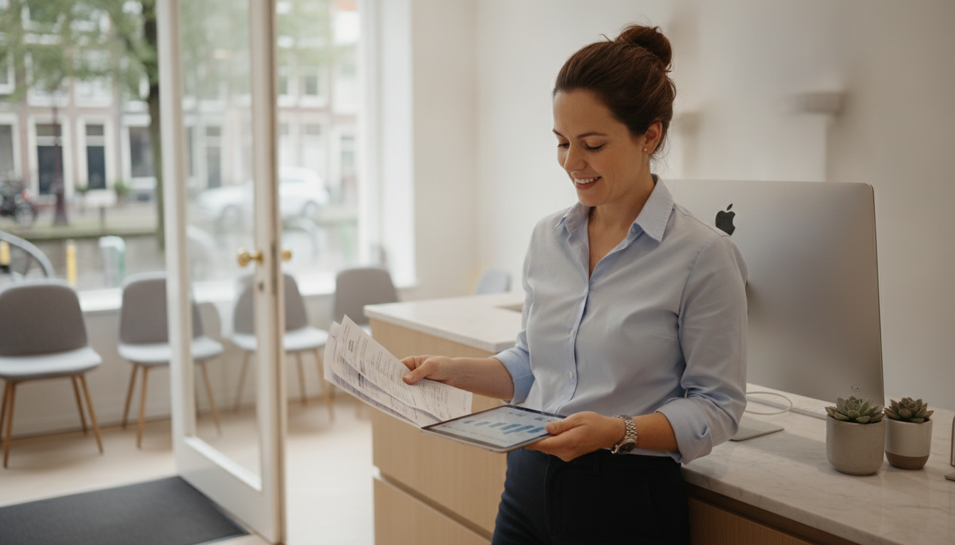 Amsterdam dental clinic owner reviewing ad performance data at the front reception desk