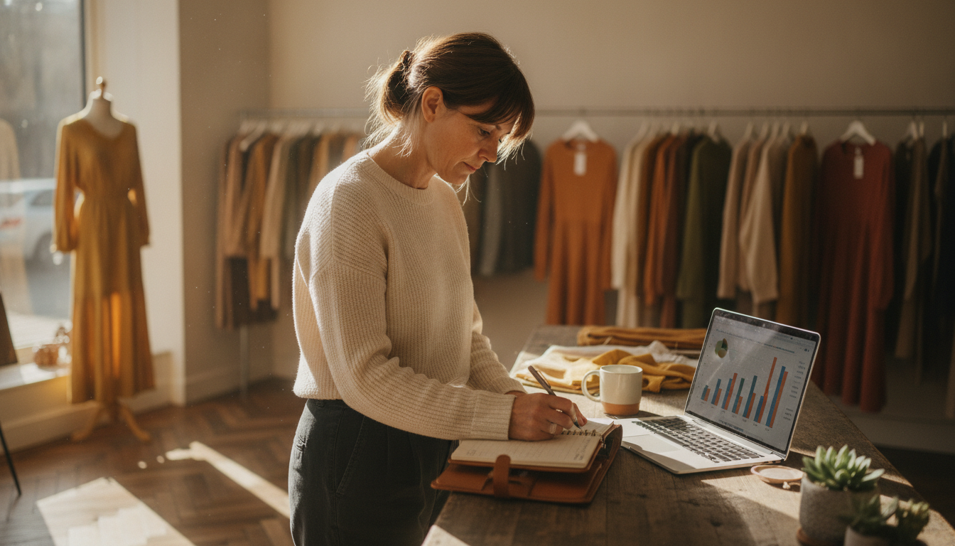 Boutique owner planning ahead for a slow sales period using transaction data and a marketing calendar
