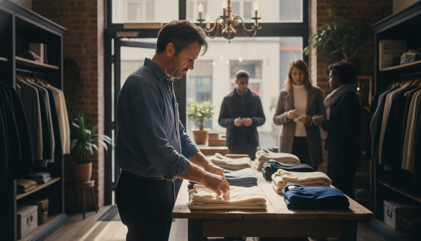 Independent clothing boutique owner arranging a window display in his shop