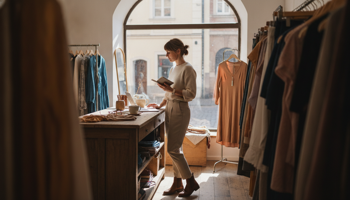 A boutique clothing store owner reviewing her customer follow-up strategy on a laptop in her shop