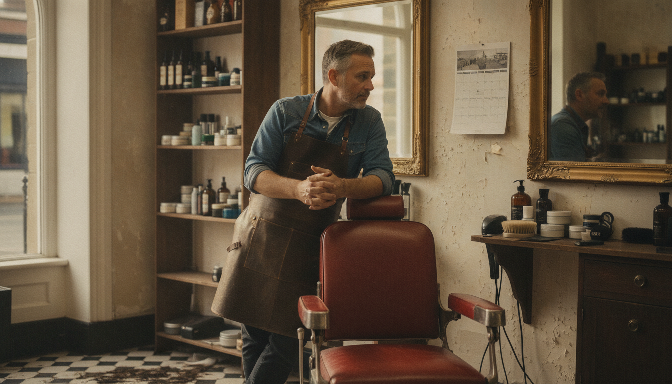 A barbershop owner reviewing his local events calendar to plan ahead for high-footfall community days