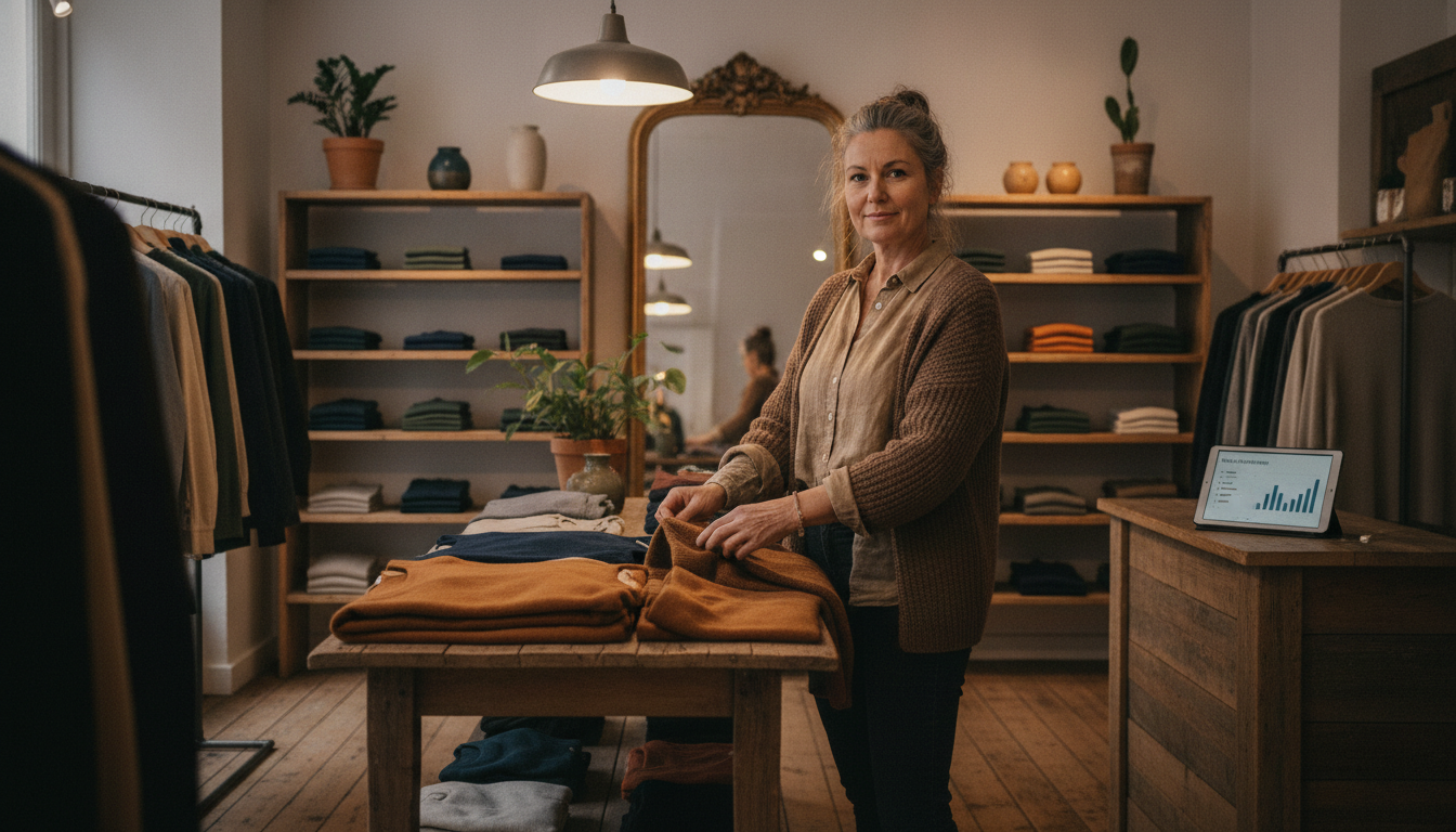 A boutique clothing store owner arranging her shop on a quiet Tuesday morning