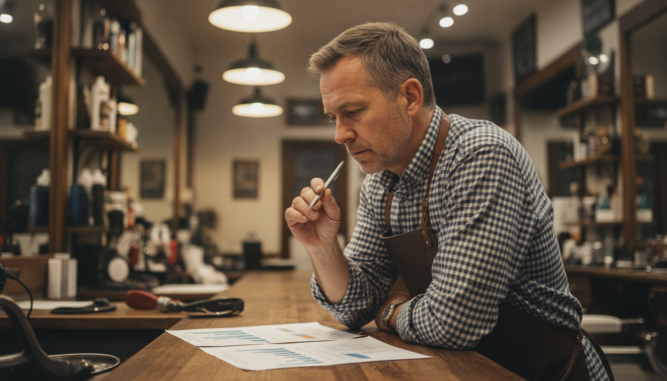 Barbershop owner reviewing weekly sales data at his counter