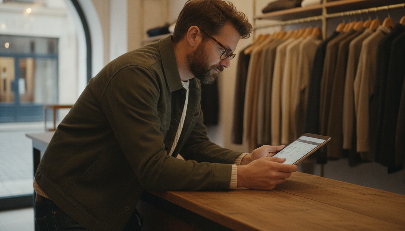 Boutique clothing store owner reviewing customer transaction data on a tablet at the sales counter