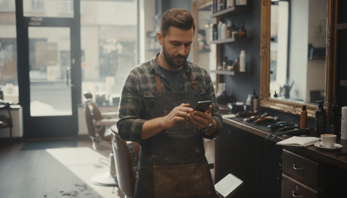 A barbershop owner reviewing customer data on his phone during a quiet mid-week morning