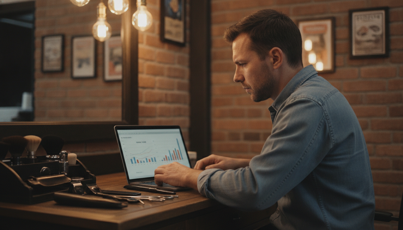 Barbershop owner reviewing weekly transaction data on a laptop between client appointments