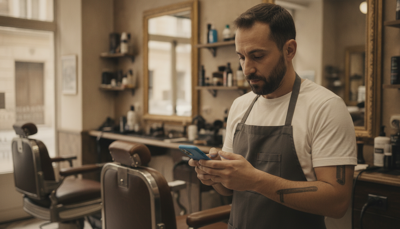 A barbershop owner checking customer follow-up messages on his phone between appointments