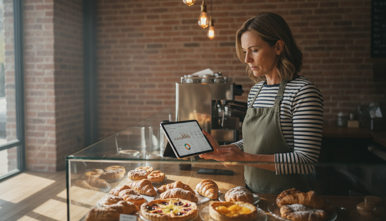 Cafe owner reviewing her Google Business Profile performance on a tablet behind the counter