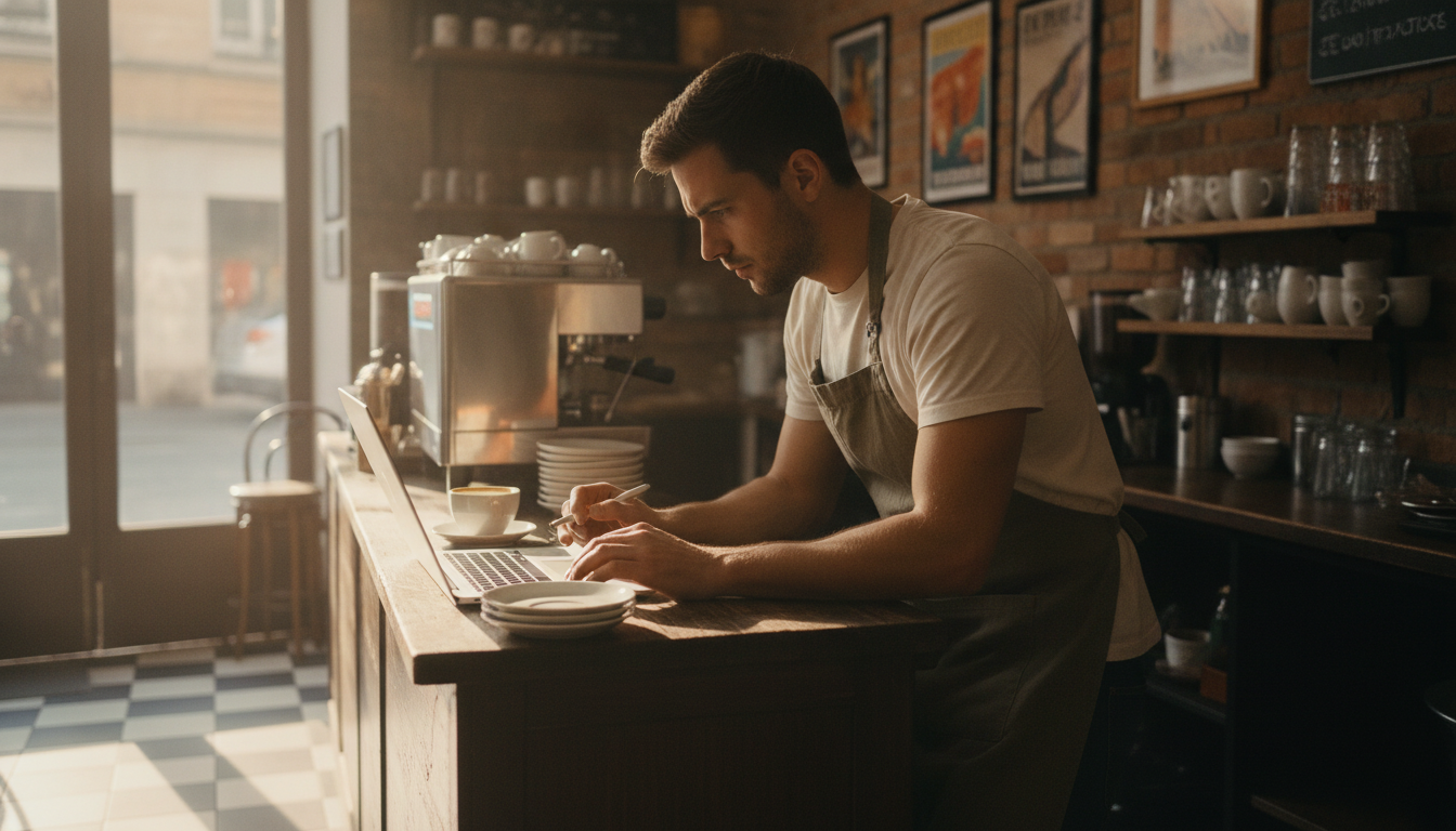 Cafe owner reviewing POS transaction data on a laptop at the counter