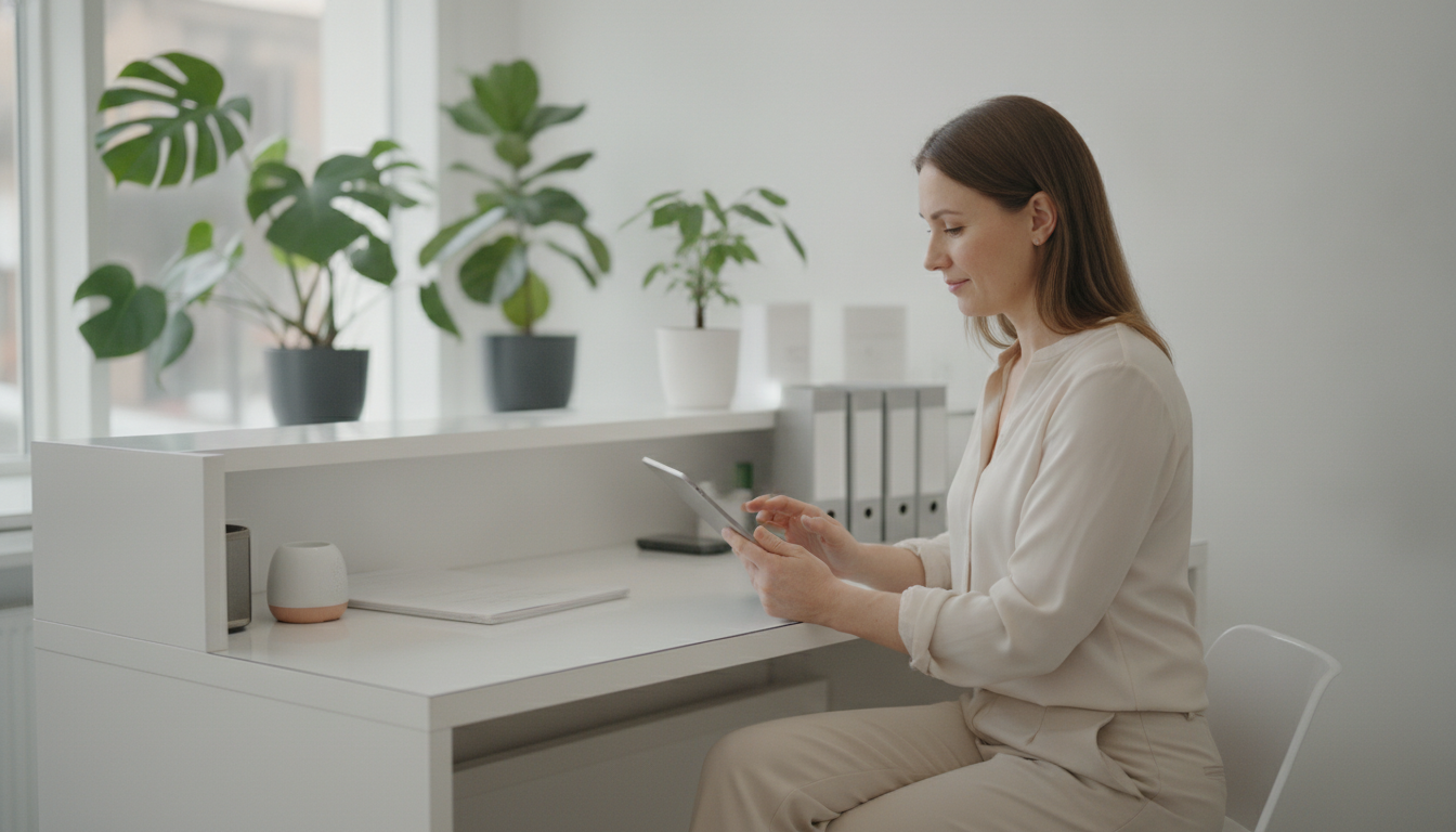 Skincare clinic owner calmly reviewing customer feedback at her reception desk