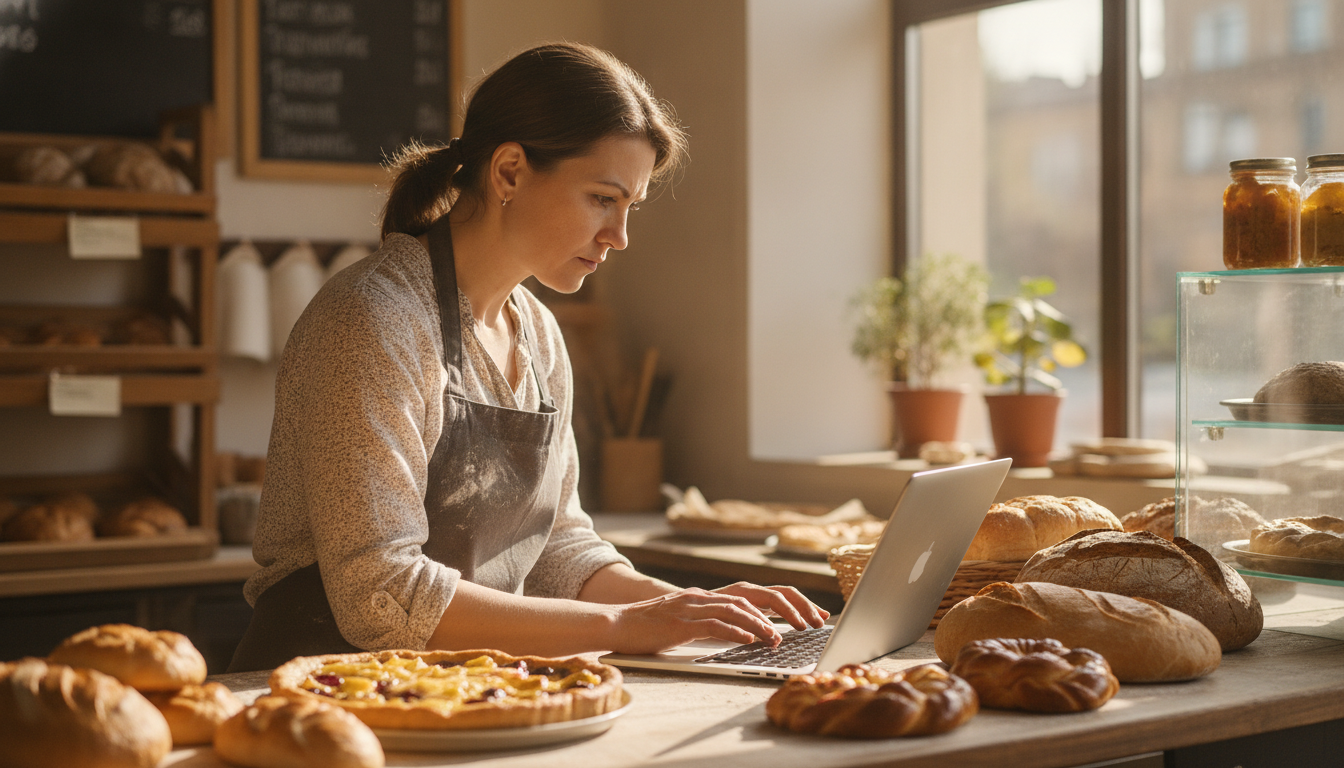 Bakery owner updating her Google Business Profile on a laptop behind the counter