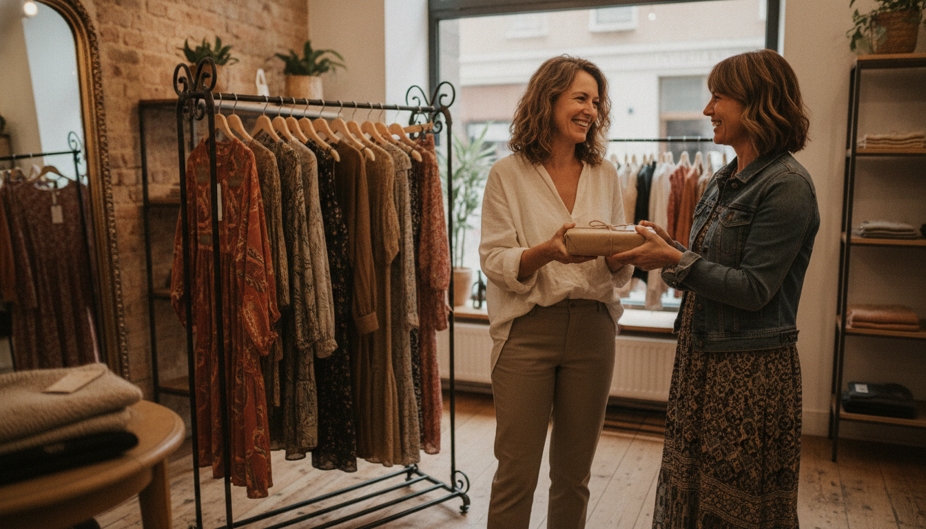 Boutique clothing store owner handing a purchase to a returning regular customer
