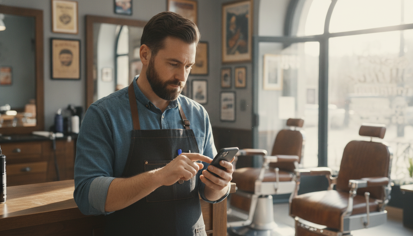 A barbershop owner reviewing his Google Business Profile on his phone between client appointments