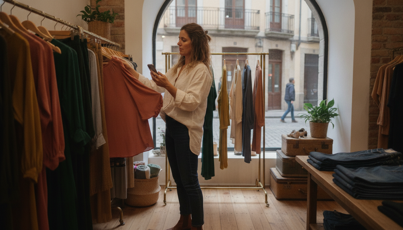 Boutique clothing store owner organizing new stock while checking her phone for scheduled posts