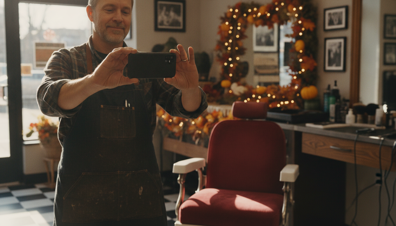 A barbershop owner photographing his shop interior for a Google Business Profile update