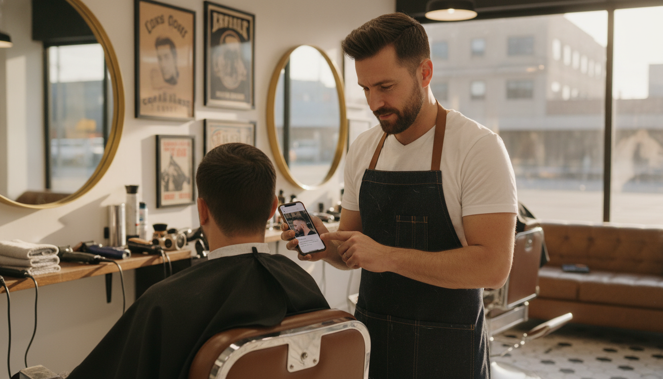 Barbershop owner reviewing an Instagram post before publishing during a working day