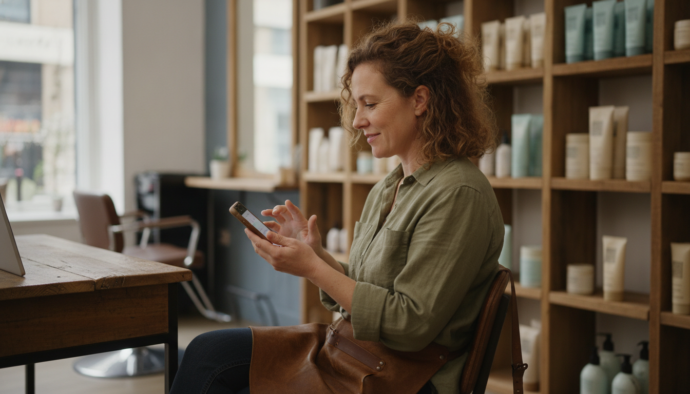 Hair salon owner reviewing her Google Business Profile on a smartphone at the front desk