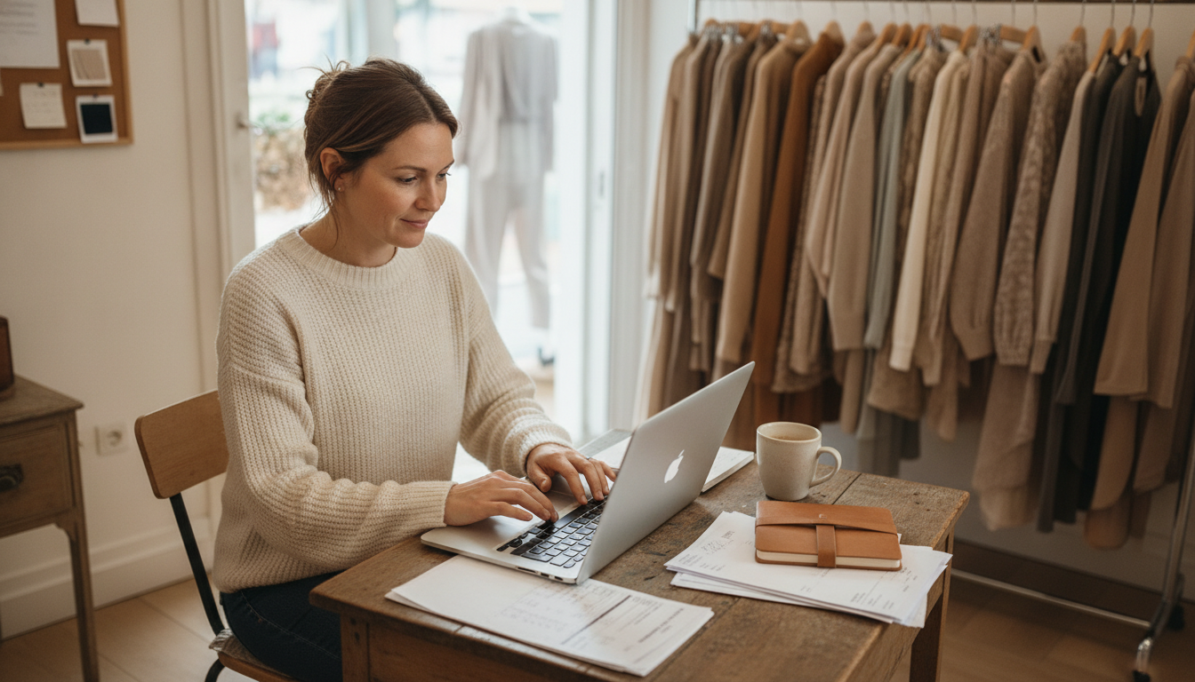 Boutique clothing store owner reviewing her weekly marketing schedule