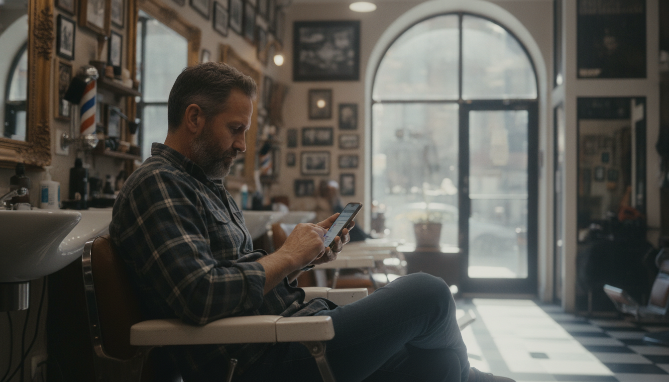 Barbershop owner reviewing his Google Business Profile on his phone between clients