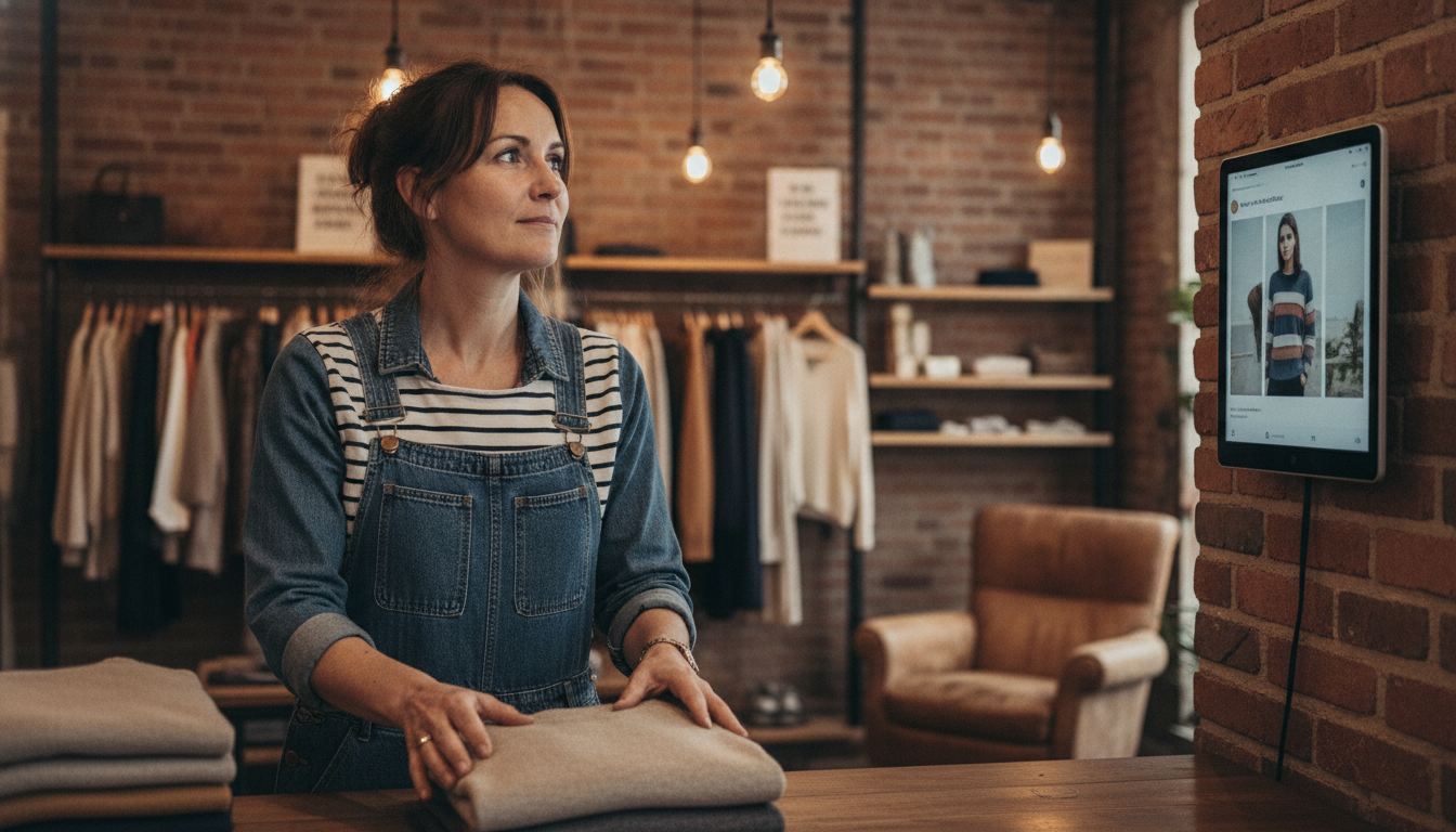 Boutique owner in Amsterdam glancing at a scheduled social post while restocking her shop floor