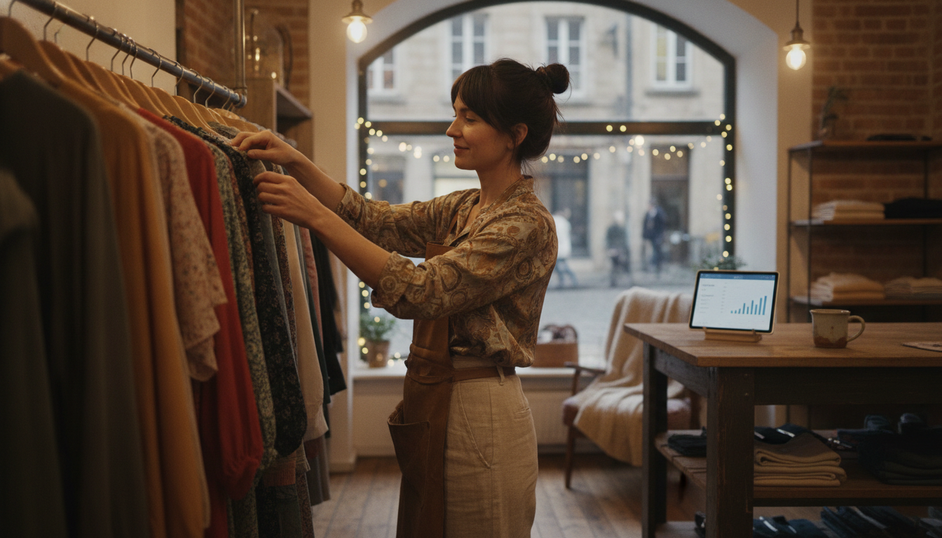 A boutique retail owner preparing her shop floor while a simple marketing workflow runs in the background