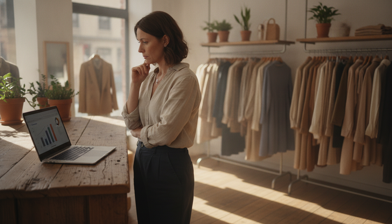 Boutique clothing store owner reviewing customer purchase history on her laptop between serving customers