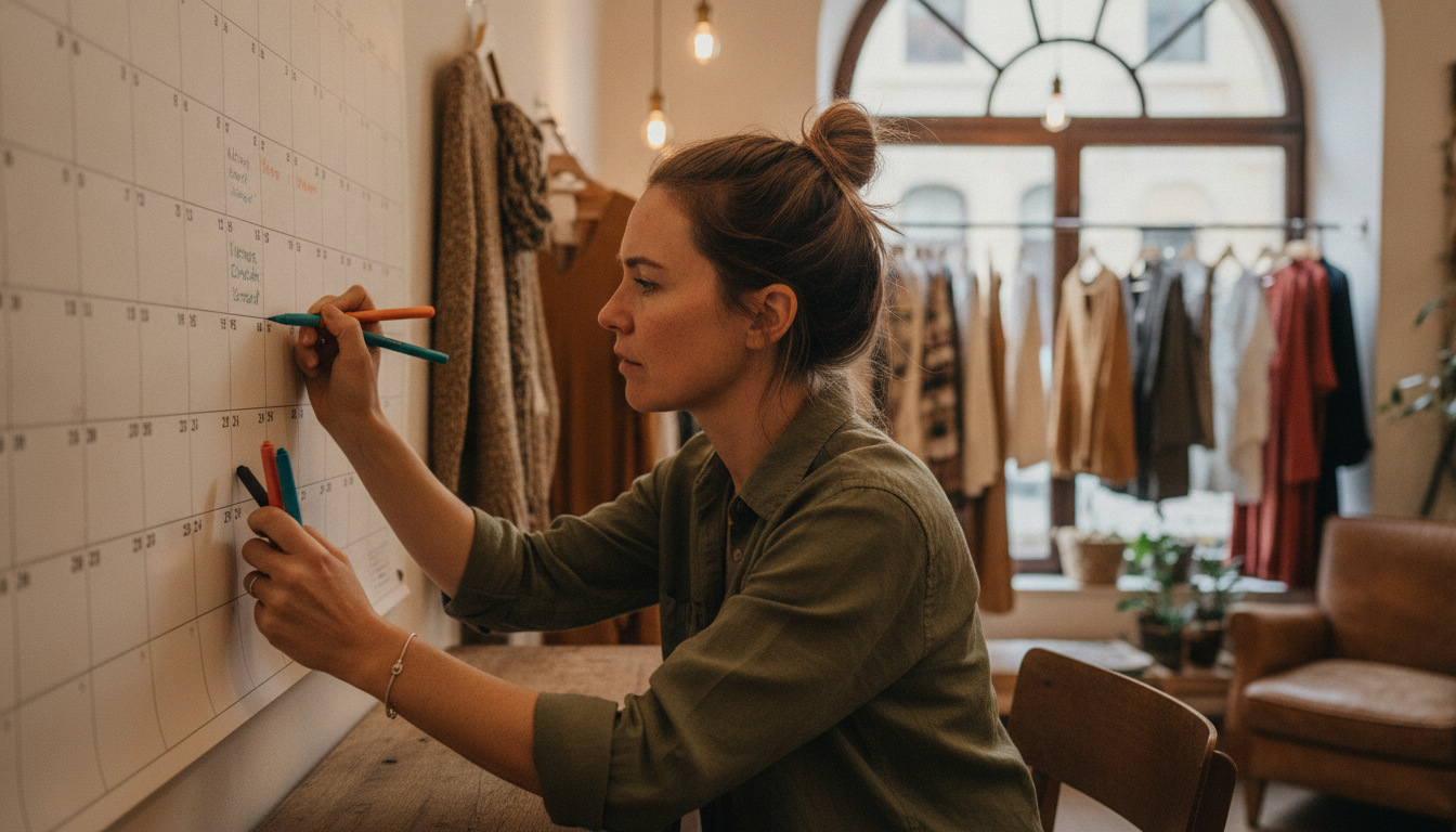 Boutique owner planning seasonal campaigns on a wall calendar in her store