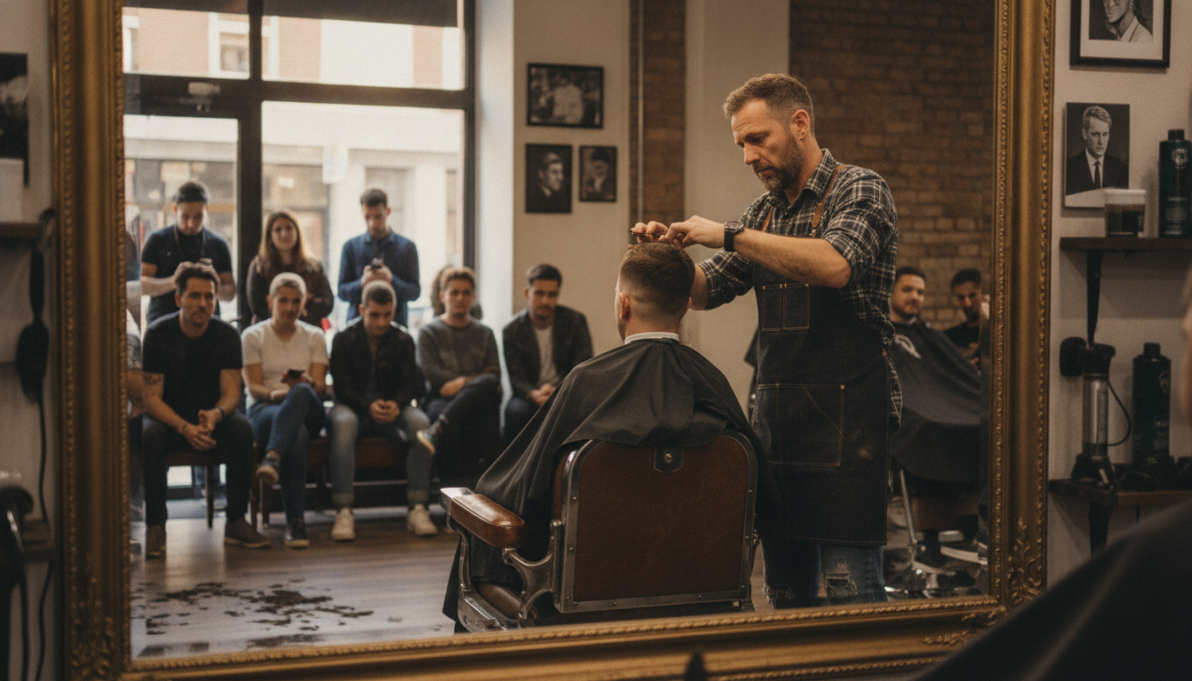 A barbershop owner at work during a busy peak period, capturing the energy of a full shop