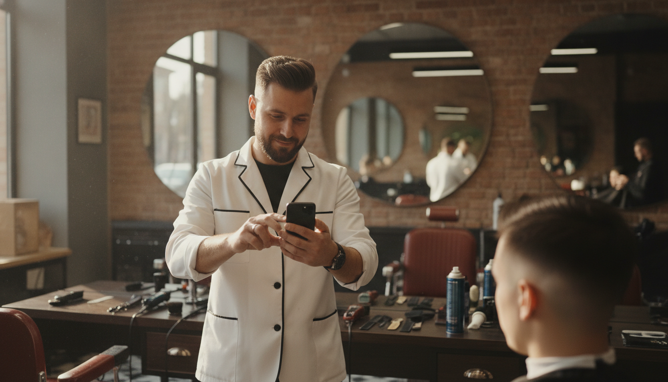 Barbershop owner photographing a client's haircut for social media content