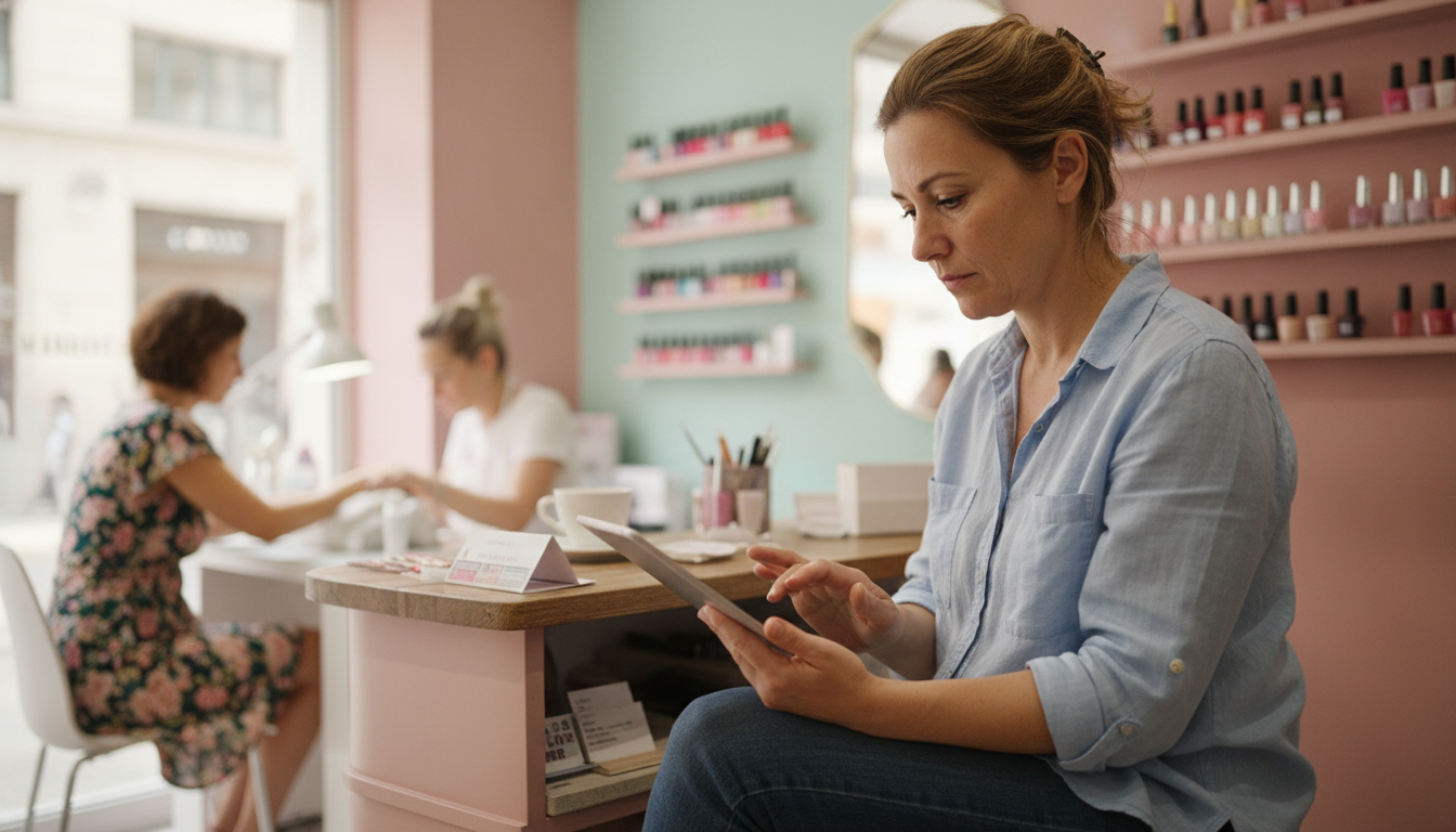 Nail salon owner in Lyon reviewing her marketing schedule on a tablet between client appointments