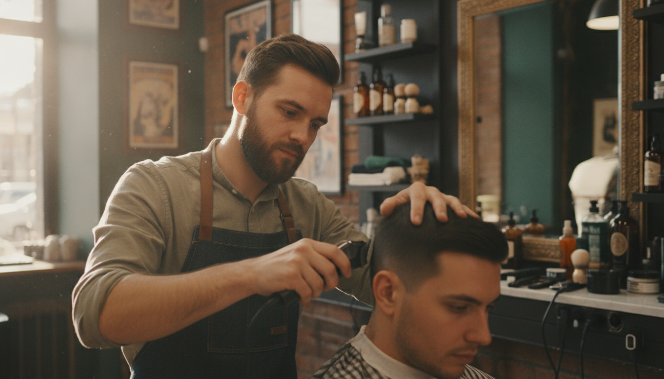 Barbershop owner working during a quiet mid-week morning slot
