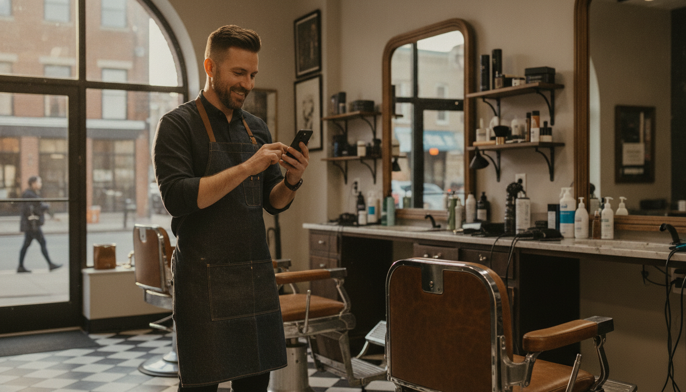 A barbershop owner reviewing AI-drafted social content on his phone between appointments