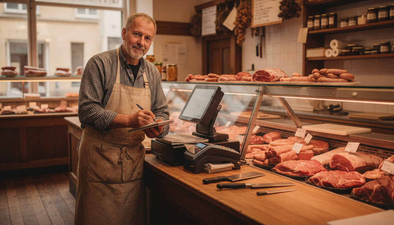 Butcher shop owner reviewing sales data at his counter