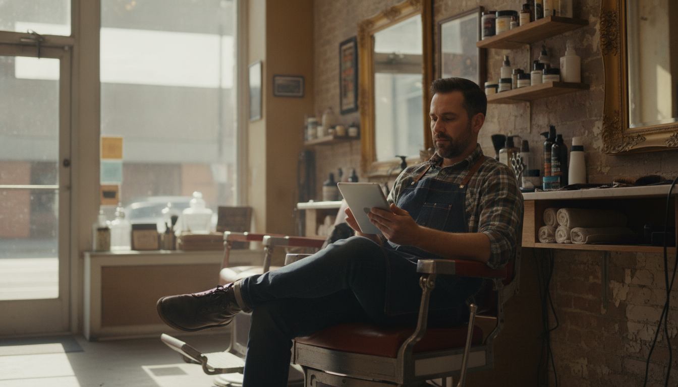 A barbershop owner reviewing his Google Business Profile on a tablet between appointments