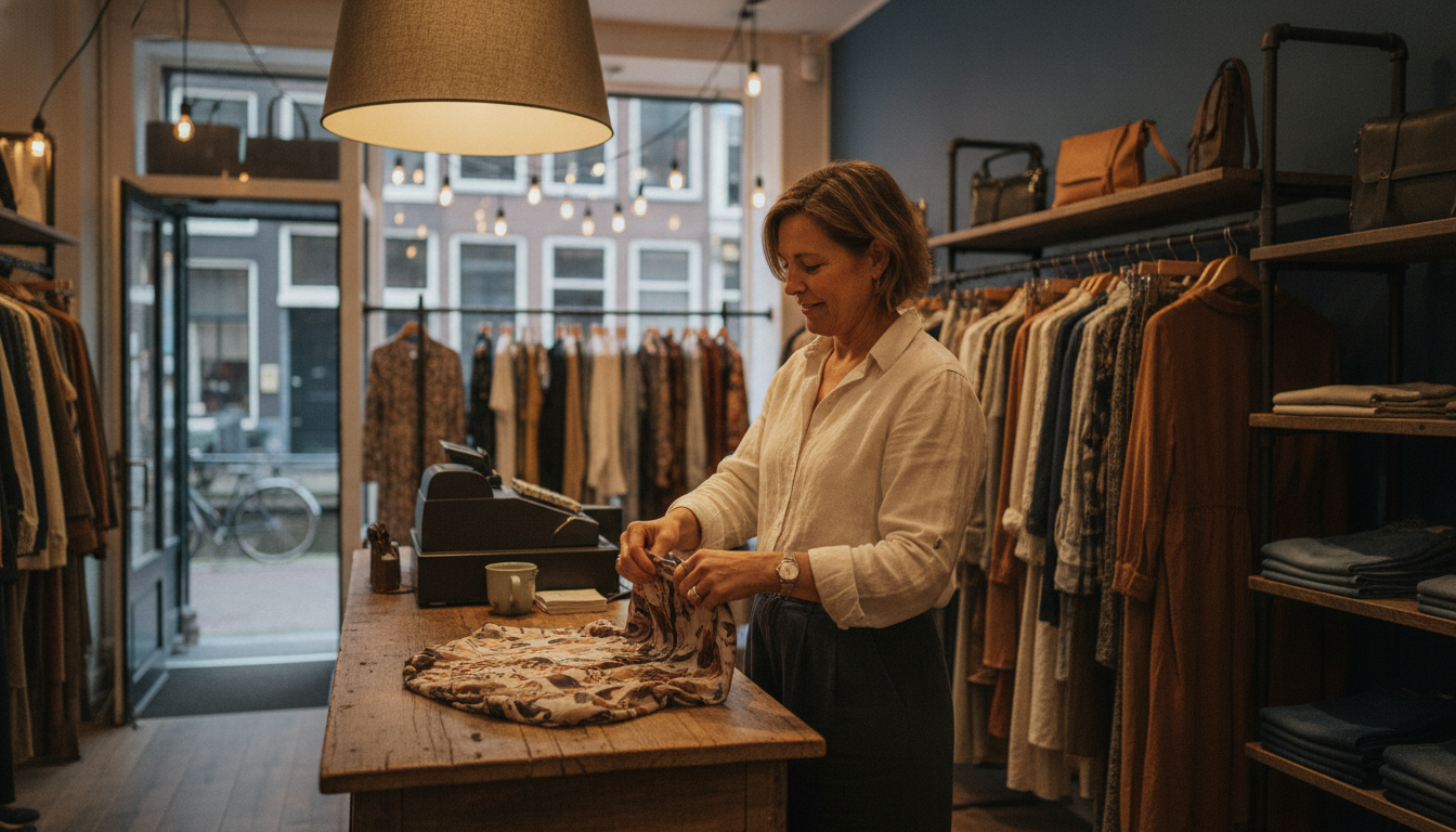 Boutique clothing store owner organising stock near the point of sale terminal