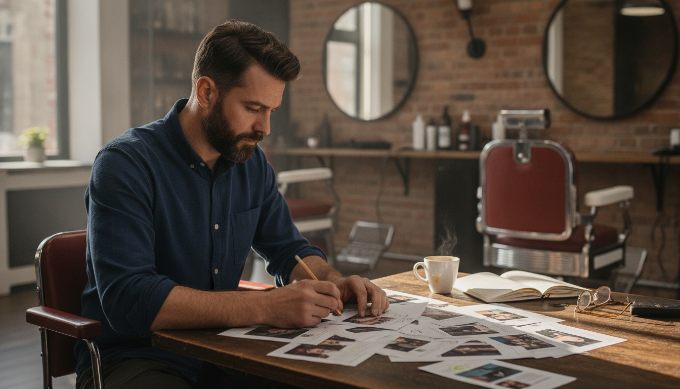 Barbershop owner auditing his social media content at a desk inside his shop