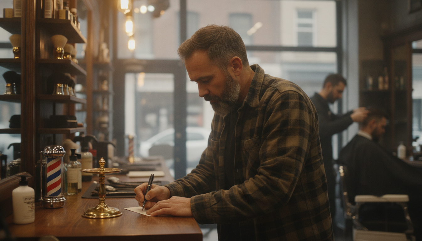 A barbershop owner writing out a seasonal offer card at his counter