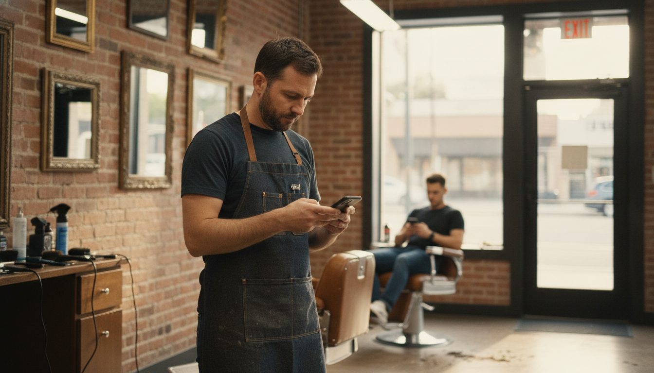 A barbershop owner checking his Google Business Profile on his phone between client appointments