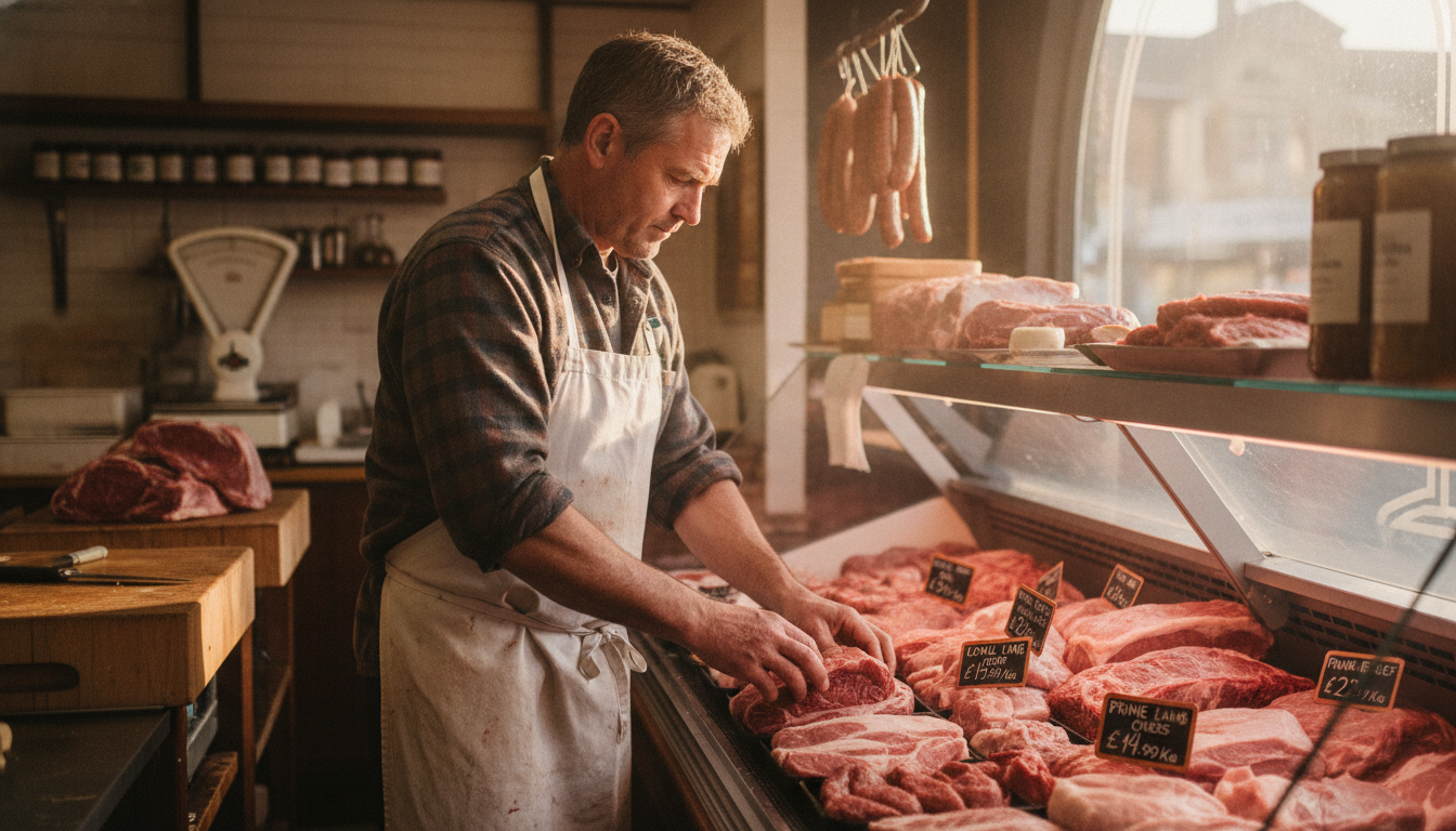 An independent butcher shop owner arranging meat in a display case on a British high street