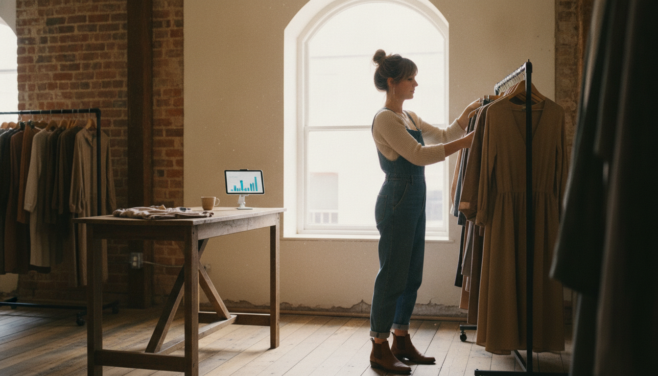Boutique clothing shop owner organising stock during a quiet afternoon shift with sales data visible on a counter tablet