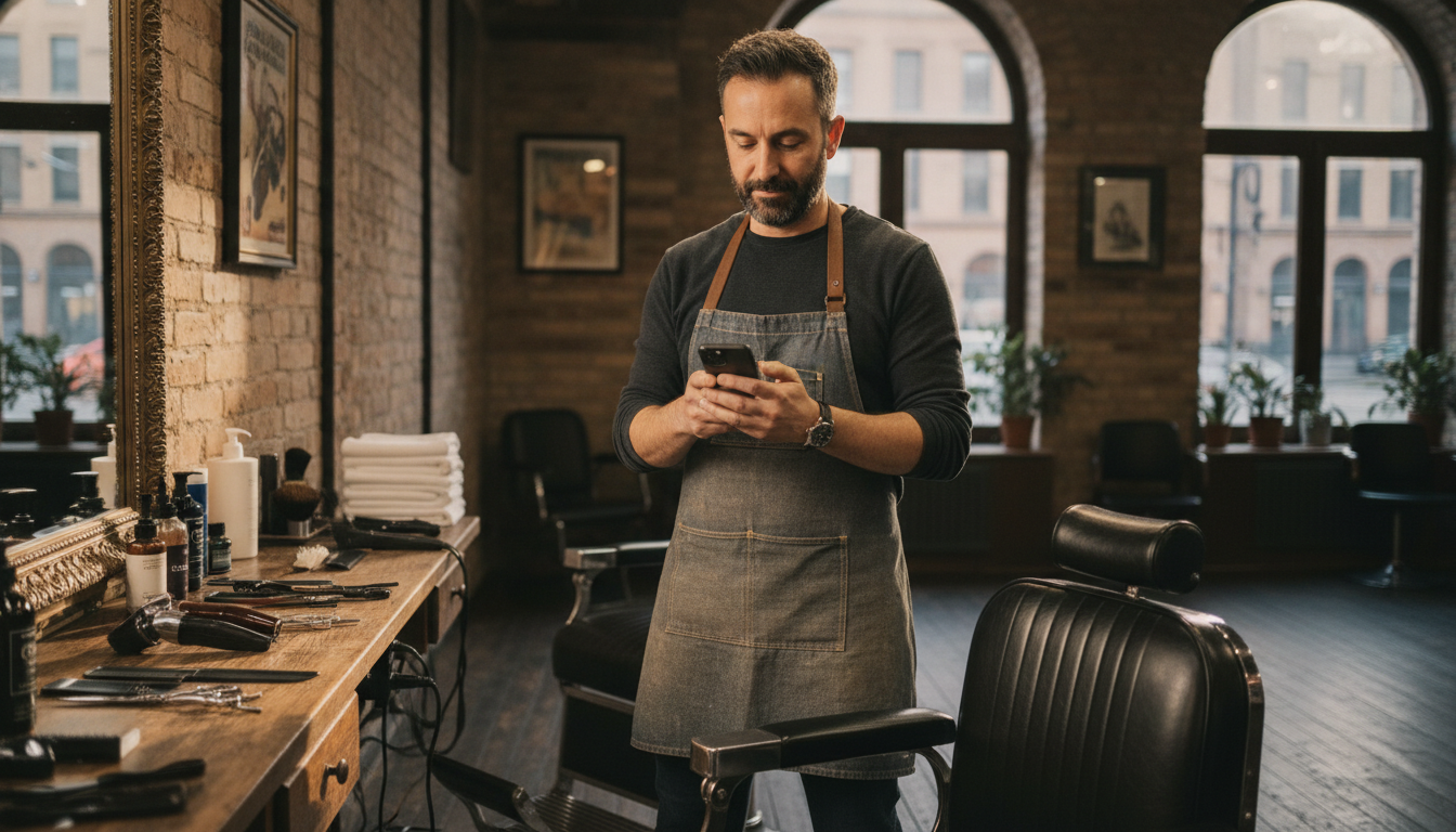 A barbershop owner reading and responding to a customer review on his phone between appointments