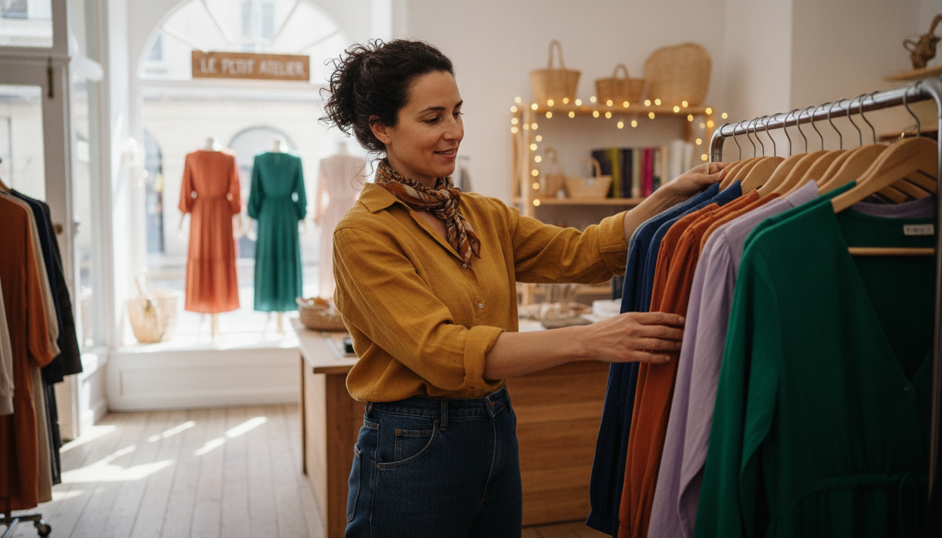Boutique clothing shop owner arranging new stock near the window display of her independent store