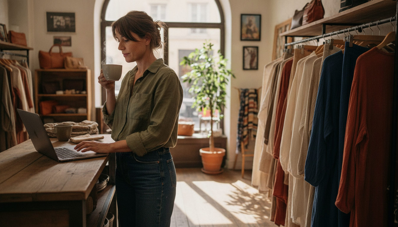 Independent boutique clothing store owner reviewing customer data on her laptop between the clothing racks