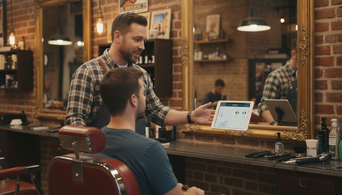 Barbershop owner reviewing booking data with a client in the chair