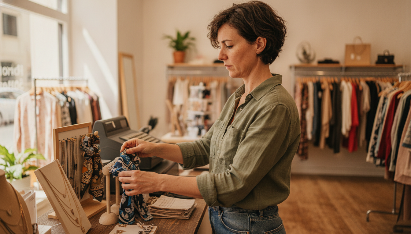Independent boutique owner arranging a promotional display near the checkout counter