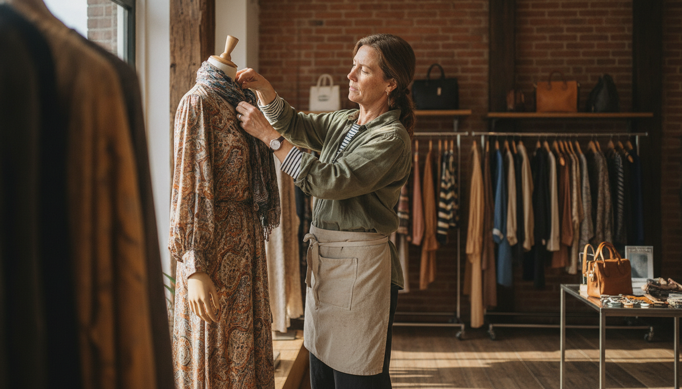 Boutique clothing store owner arranging her window display during a quiet mid-afternoon period